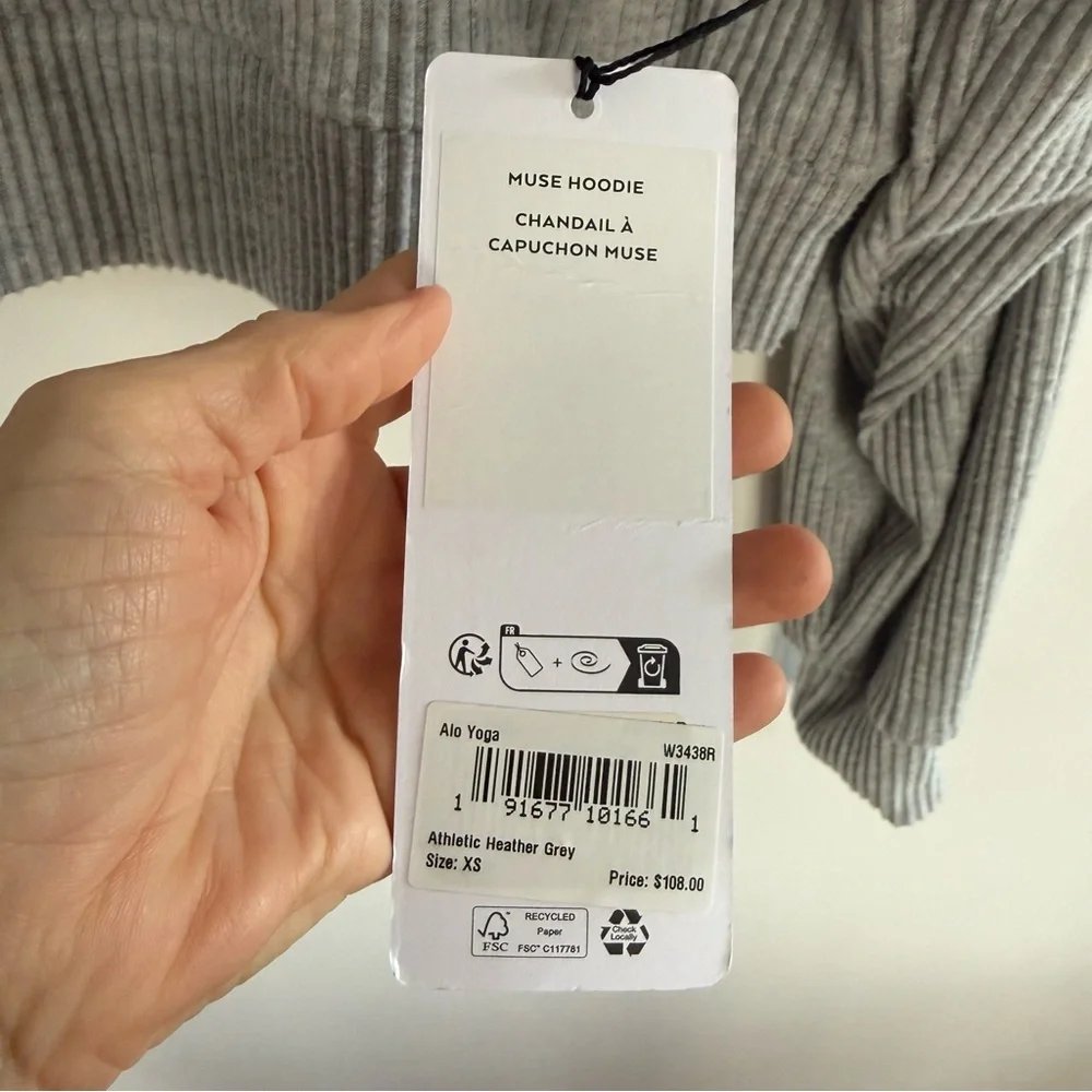 NWT‎ ALO Yoga Muse Hoodie Athletic Heather Grey Ribbed Size XS